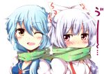  blue_dress blue_hair blush bow chatamaru_(irori_sabou) dress fujiwara_no_mokou hair_bow kamishirasawa_keine multiple_girls open_mouth red_eyes scarf shared_scarf shirt silver_hair suspenders touhou tyata-maru yellow_eyes 