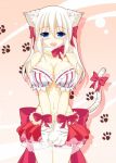 animal_ears artist_request blue_eyes breasts cleavage paws ribbon source_request tail white_hair 