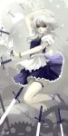  as109 between_fingers braid gears highres izayoi_sakuya knife legs maid maid_headdress red_eyes short_hair silver_hair solo thigh_strap throwing_knife too_many_knives touhou weapon 
