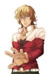  barnaby_brooks_jr belt blonde_hair blue_eyes curly_hair glasses jacket jewelry male glasses necklace outstretched_hand red_jacket simple_background solo studded_belt tiger_&amp;_bunny tomozo_kaoru white_background 