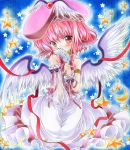  alternate_costume animal_ears asymmetrical_clothes asymmetrical_clothing bare_shoulders between_legs blush color_ink_(medium) covering_mouth crescent detached_sleeves dress feathers hand_between_legs hat looking_at_viewer marker_(medium) mystia_lorelei pink_eyes pink_hair ribbon see-through seidou_(tukinomiyako) short_hair sitting solo star touhou traditional_media wings 
