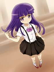  aitaso footwear foreshortening furude_rika hair_flip higurashi_no_naku_koro_ni long_hair mary_janes purple_eyes purple_hair red_shoes school_uniform shoes socks solo standing violet_eyes 