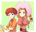  brown_hair cowboy_hair cowboy_hat digimon digimon_adventure gloves hat izumi_koushirou long_hair mimi_(digimon) pastelpeach red_hair redhead short_hair single_button smile tachikawa_mimi western 