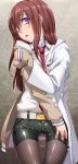  asymmetrical_clothing aya_shachou belt black_legwear blue_eyes blush brown_hair jacket labcoat legwear_under_shorts long_hair long_image makise_kurisu necktie open_mouth pantyhose shorts solo steins;gate tall_image thigh_gap thighs 