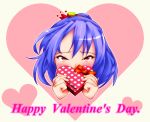  1girl blue_hair blush covering_mouth hair_ornament happy_valentine heart heart-shaped_box heart_background jinnseikkhototogisu leaf_hair_ornament looking_at_viewer portrait red_eyes ribbon rope shimenawa short_hair solo touhou valentine yasaka_kanako 