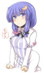  :&lt; alternate_hairstyle breasts bust capelet crescent hair_ornament long_hair mukyuu no_hat no_headwear patchouli_knowledge purple_eyes purple_hair rock_heart simple_background solo touhou violet_eyes 