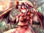  apple artist_request ascot bad_id bat_wings blood bust food fruit full_moon hat lavender_hair maho_moco moon night red_eyes red_moon remilia_scarlet short_hair smile solo touhou wings wrist_cuffs 