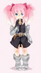  belt blue_eyes boots bow dagger gem gloves hair_ribbon highres hiiragi_aki long_hair payot pink_hair presea_combatir ribbon solo tales_of_(series) tales_of_symphonia twintails weapon 