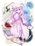  akinoemo book bow bubble crescent crystal hair_bow hat highres knife long_hair patchouli_knowledge purple_eyes purple_hair saw smile solo striped sword touhou very_long_hair violet_eyes weapon 