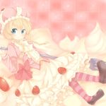  blue_eyes blush braid cake_dress copyright_request food food_themed_clothes fork girl_in_food hat in_food maruki_(punchiki) mary_janes minigirl oversized_object pantyhose personification pink punchiki shoes solo strawberry_shortcake striped striped_legwear twin_braids 