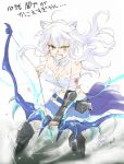  ahoge animal_ears arrow bandage bandages blood blood_stain bow bow_(weapon) breasts bustier cleavage clenched_teeth dog_days large_breasts leonmitchelli_galette_des_rois lingerie long_hair magic midriff navel shorts silver_hair solo tail underwear weapon 