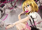  blue_eyes cable camera chocolate eating hair_ornament hairclip hand_holding holding_hands kagamine_rin kusare_gedou_to_chocolate_(vocaloid) kusare_gedou_to_chokorewito_(vocaloid) nail_polish natsu_(natume0504) open_mouth short_hair sitting suspenders vocaloid wire 