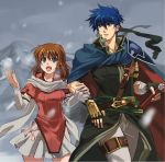  blue_hair brother_and_sister brown_hair cape elbow_gloves fire_emblem fire_emblem:_akatsuki_no_megami fire_emblem:_souen_no_kiseki gloves green_eyes hair_tubes headband height_difference ike machch mist_(fire_emblem) nintendo scarf short_hair siblings size_difference smile snow sword weapon 