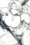  amazon_(dragon&#039;s_crown) armpit breasts circlet cleavage dragon&#039;s_crown feathers hair_feathers headband large_breasts legs long_hair monochrome muscle panties solo spread_legs thighs thong underwear vanillaware weapon yurikawa 