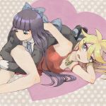  2girls aqua_eyes bare_shoulders black_hair blonde_hair bow bracelet drawr hair_bow heart jewelry long_hair lying multiple_girls necklace on_side open_mouth panty_&amp;_stocking_with_garterbelt panty_(character) panty_(psg) polka_dot polka_dot_background stocking_(character) stocking_(psg) thighhighs 