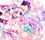  absurdres azumi_kazuki blush bow hair_bow hat highres huge_filesize long_hair multiple_girls patchouli_knowledge pointing purple_eyes purple_hair red_eyes remilia_scarlet striped striped_legwear striped_thighhighs the_embodiment_of_scarlet_devil thigh-highs thighhighs touhou violet_eyes wings 