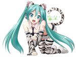 :d all_fours animal_ears aqua_eyes aqua_hair blush detached_sleeves fang frills hatsune_miku headphones kemonomimi_mode long_hair looking_at_viewer necktie open_mouth simple_background skirt smile solo tail thigh-highs thighhighs tiger_ears tiger_print tiger_tail twintails vocaloid zoneflower 