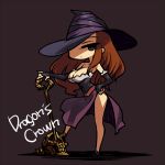  breasts bridal_gauntlets brown_eyes brown_hair chan_co chibi cleavage dragon&#039;s_crown dragon's_crown dress hand_on_hip hat hat_over_one_eye hips long_hair side_slit skull solo sorceress_(dragon&#039;s_crown) sorceress_(dragon's_crown) staff standing strapless_dress witch_hat 