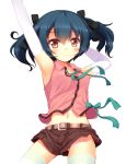  ayame_(komone_ushio) belt blue_hair elbow_gloves fang gloves hair_ribbon komone_ushio midriff navel original red_eyes ribbon shorts sleeveless thigh-highs thighhighs twintails white_legwear 