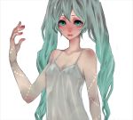  aqua_eyes aqua_hair dress hatsune_miku ichiko_(dragn) long_hair simple_background solo twintails vocaloid white_dress 