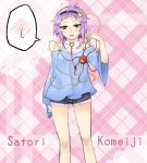  adapted_costume bare_shoulders blush contemporary embarrassed eyeball frills hairband heart komeiji_satori plaid plaid_background purple_hair red_eyes short_hair short_shorts shorts solo spoken_blush tartan tartan_background third_eye touhou white-aster 