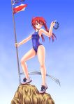  1girl absurdres competition_swimsuit goggles highres long_hair no_socks one-piece_swimsuit original red_eyes red_hair redhead rock shoes solo swimsuit tennouji_masamichi twintails 