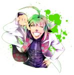  ahoge ai_(0304atra) ai_(pixiv2263054) demonbane doctor_west green_hair grin hand_on_hip hips lip_piercing male piercing pointing smile solo wink yellow_eyes 