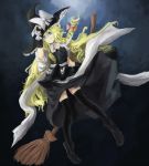  bad_id blonde_hair bow braid bridal_gauntlets broom fingerless_gloves gloves hair_bow hand_on_hat hat highres kirisame_marisa long_hair solo thigh-highs thighhighs touhou witch witch_hat zatsuon zettai_ryouiki 