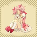  choker den gloves hair_bow hair_ribbon high_heels kaname_madoka kneehighs magical_girl mahou_shoujo_madoka_magica pink_hair shoes short_twintails sitting smile twintails 