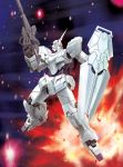  explosion gun gundam gundam_unicorn highres hiro_(hibikigaro) mecha shield solo space unicorn_gundam weapon 