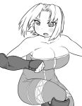  1girl bare_shoulders blush boots breasts cleavage final_fantasy final_fantasy_tactics frown gauntlets large_breasts monk monk_(fft) monochrome short_hair simple_background solo tsukudani_(coke-buta) unitard white_background 