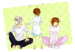  accelerator_family ahoge bberry brown_eyes brown_hair dress last_order misaka_worst red_eyes shirt side_slit sitting striped striped_shirt to_aru_majutsu_no_index vietnamese_dress white_hair 