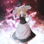  apron blonde_hair blush bow grin hair_bow hand_on_hip hat hat_bow highres hips kirisame_marisa long_hair s-syogo simple_background smile solo touhou witch witch_hat yellow_eyes 