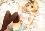  1girl :o arm_up black_legwear blonde_hair book branch holding holding_book hoodie kasu_(return) legs_up lying on_back open_mouth orange_eyes original short_hair shorts solo thighhighs 