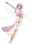  angel_wings aria athena_glory barefoot breast_suppress closed_eyes dark_skin eyes_closed hand_on_chest hand_on_own_chest hat kawakami_tomoko latin outstretched_arm purple_hair short_hair simple_background solo uniform urue wings 