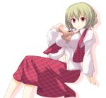  &gt;:3 :3 ascot blush breasts collar dress_shirt fal_maro green_hair highres impossible_clothes impossible_clothing impossible_shirt kazami_yuuka large_breasts long_skirt long_sleeves midriff navel plaid plaid_skirt plaid_vest red_eyes shirt short_hair simple_background sitting skirt skirt_set smile solo touhou vest white_background youkai 