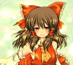  armpits ascot brown_eyes brown_hair detached_sleeves frills hair_ribbon hair_tube hair_tubes hakurei_reimu miko open_mouth rheights ribbon solo touhou 