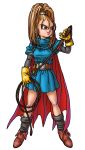  barbara belt boots cape dragon_quest dragon_quest_vi earrings elbow_gloves forehead gloves high_ponytail highres jewelry legs long_hair official_art orange_hair ponytail simple_background skirt solo standing thighs toriyama_akira whip 
