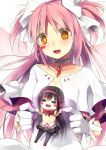  akemi_homura blush_stickers chibi dress gloves goddess_madoka heart heart_in_mouth jing_hu kaname_madoka long_hair mahou_shoujo_madoka_magica pantyhose pink_hair school_uniform spoilers twintails ultimate_madoka yellow_eyes 