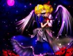  angel_wings blonde_hair closed_eyes demon eyes_closed flower full_moon gengetsu incest kiss kiyonaka_rei maid moon mugetsu mugetsu_(touhou) multiple_girls ribbon siblings sisters touhou touhou_(pc-98) wings yuri 