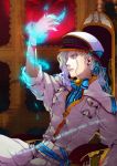  bad_id blue_fire blue_flame chair english fingernails fire hat long_hair male pale_skin ponytail solo spoilers tiger_&amp;_bunny white_hair xilla yuri_petrov 