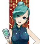  alternate_costume alternate_hairstyle aqua_eyes aqua_hair carlos_toshiki china_dress chinese_clothes face hatsune_miku head_tilt microphone open_mouth solo spring_onion vocaloid 