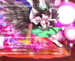  arm_cannon black_hair bow braking cape danmaku fire hair_bow leg_up long_hair open_mouth pink_fire red_eyes reiuji_utsuho sisenshyo skirt smoke solo third_eye touhou weapon wings 