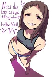  1girl barefoot brown_hair collarbone english grin gujira idolmaster idolmaster_cinderella_girls koseki_reina long_hair navel purple_hair sleeveless smile solo sports_bra white_background 