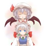  bat_wings blue_dress blue_eyes blue_hair blush braid child closed_eyes dress eyes_closed hands_on_shoulders hat inu_sakuya izayoi_sakuya maid multiple_girls open_mouth pink_dress remilia_scarlet shize_(coletti) short_hair silver_hair touhou twin_braids wings xyxy0707 young 