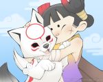  bandage black_hair chibiterasu dog hair_ornament hug japanese_clothes nyaasu okami okamiden ookami_(game) ookamiden petting puppy scar smile sword watermark weapon wolf 