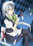  braid brown_eyes checkered crossed_arms crossed_legs izayoi_sakuya knife legs_crossed long_hair maid maid_headdress nishiuri planted_weapon silver_hair sitting solo thigh-highs thighhighs throwing_knife touhou twin_braids weapon 