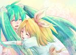  2girls ahoge artist_request blonde_hair bow closed_eyes detached_sleeves green_hair hair_bow hairclip happy hatsune_miku hug kagamine_rin long_hair open_mouth source_request twintails vocaloid 