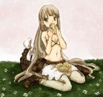  blue_eyes blush bread bread_in_mouth brown_hair eating eno_(8-23) food grass long_hair navel original pointy_ears sitting solo very_long_hair 