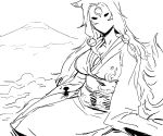  1girl amaterasu animal_ears bb_(baalbuddy) breasts cleavage facial_mark forehead_mark hair_tubes japanese_clothes kimono large_breasts long_hair mask monochrome mount_fuji no_bra no_mouth obi ookami_(game) payot personification reclining sketch solo tail wide_sleeves wolf_ears wolf_tail 